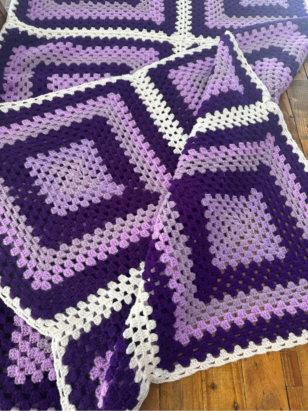 Hand Crafted Purple & White Granny Square Crochet Throw
